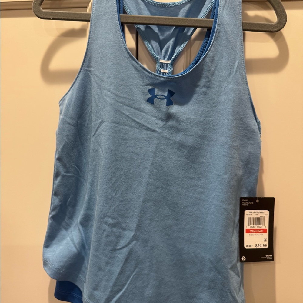 Under Armour Blue and Black Sleeveless Relaxed Tank Top Girls size XS - two tops